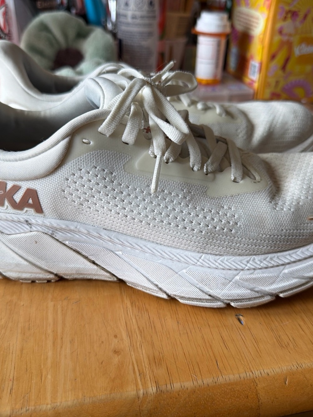Hoka Women's White Sneakers with Rose Gold Logo